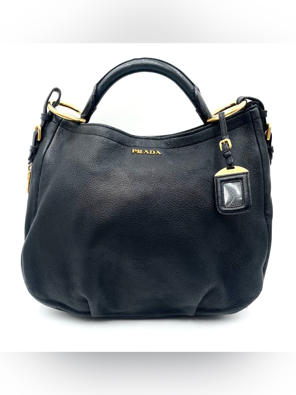 Prada Black Leather Vitello Daino Zip Hobo Bag